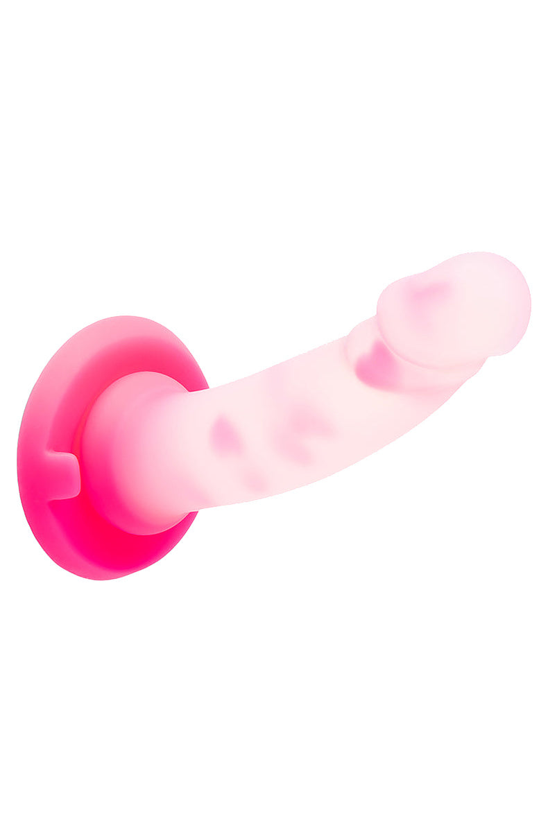 Pink heart dildo angled view showing the realistic head and pink base