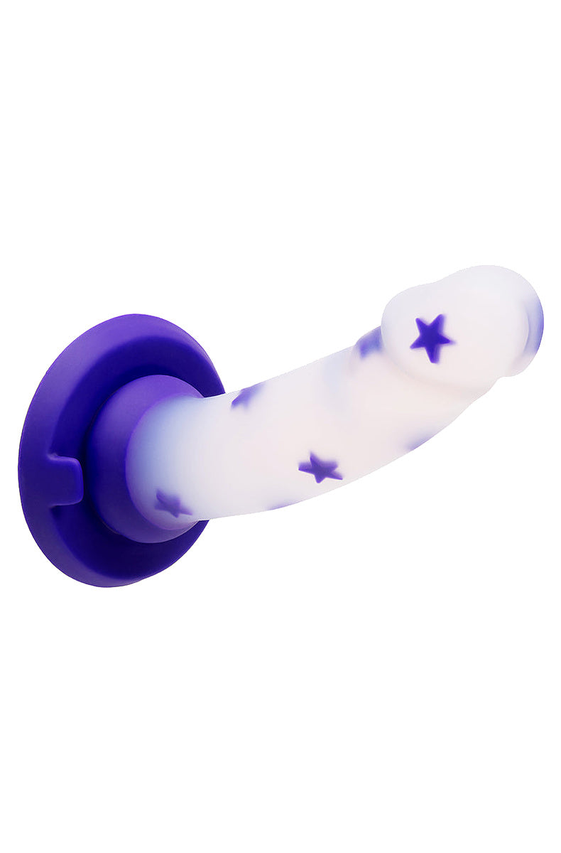 Purple star dildo angled view showing the realistic head and purple base