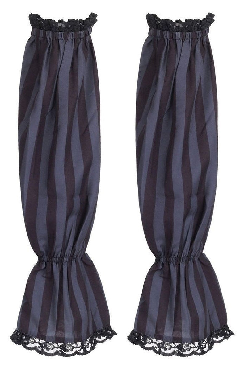 Pair of black and gray striped arm sleeves with smocked cuffs and black lace trim