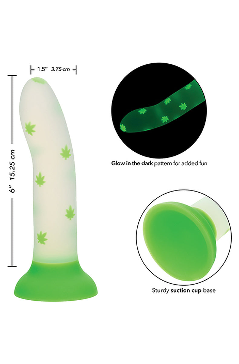420 pot leaf dildo size diagram, 6 inches long and 1.5 inches wide, with the weed leaves glowing in the dark