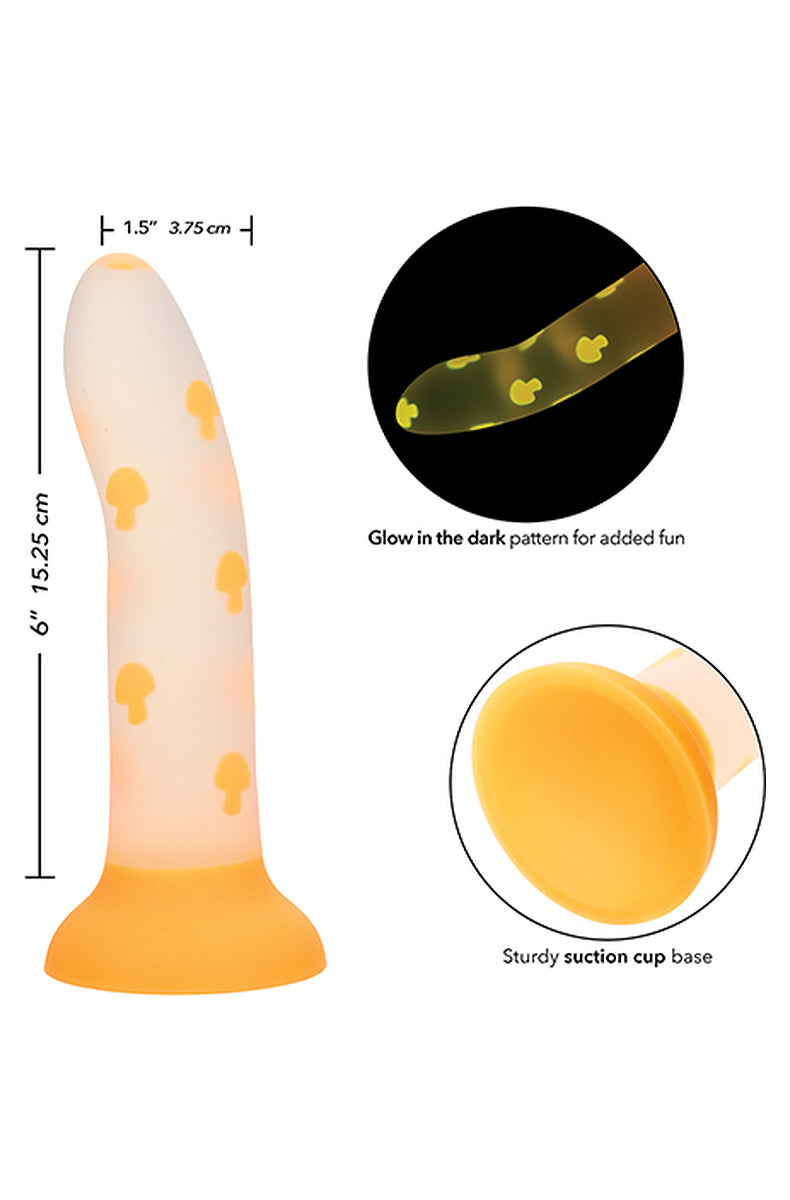 Mushroom dildo size diagram, 6 inches long and 1.5 inches wide, with the mushrooms glowing in the dark