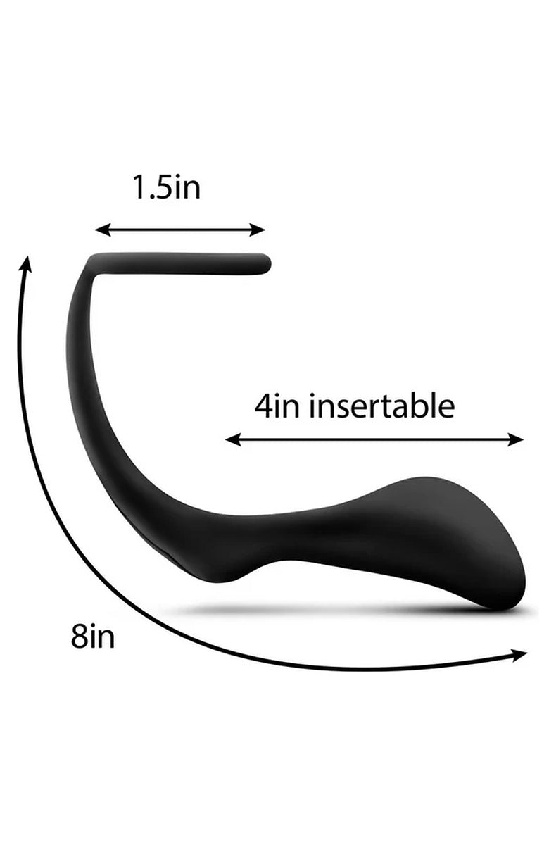 Dimensions of the Anal Adventures Platinum cock ring plug: 8 inches total length, 4 inches insertable, 1.5 inches across the ring arm