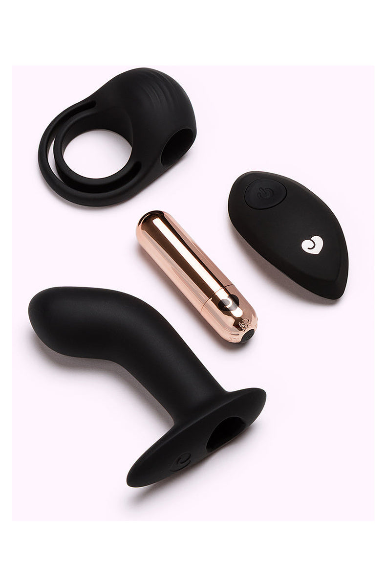 Rose gold bullet with remote, cock ring sleeve and black prostate sleeve