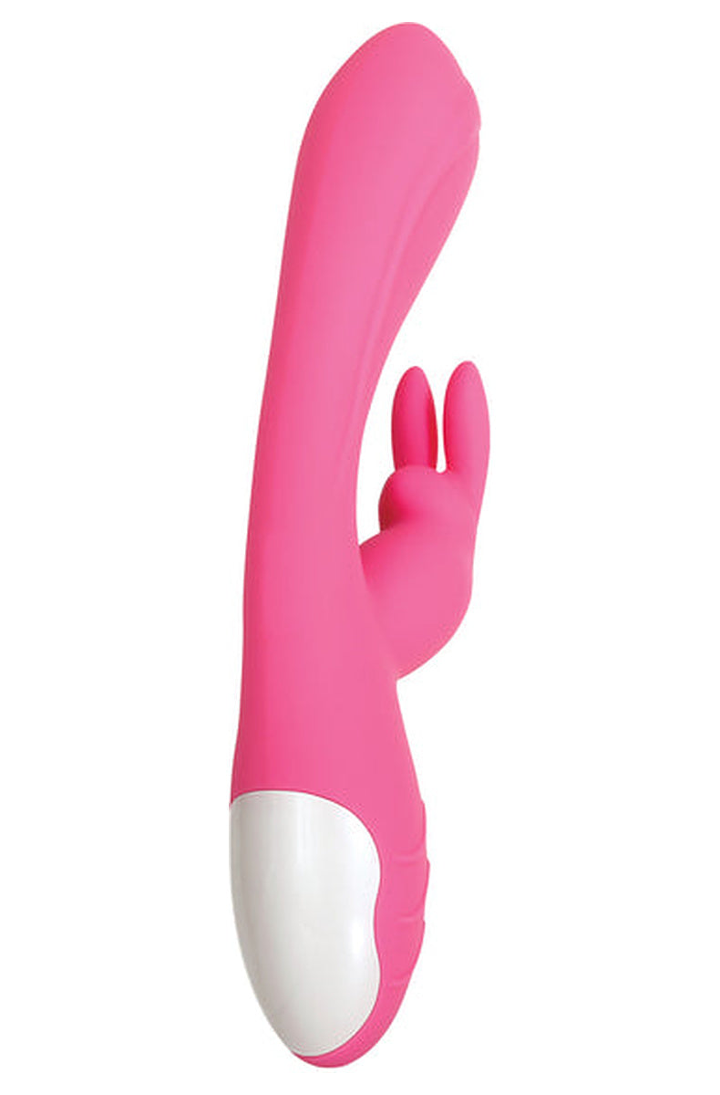 Pink Bunny Kisses rabbit vibrator from the side, with the pearl finished white handle panel at the base.