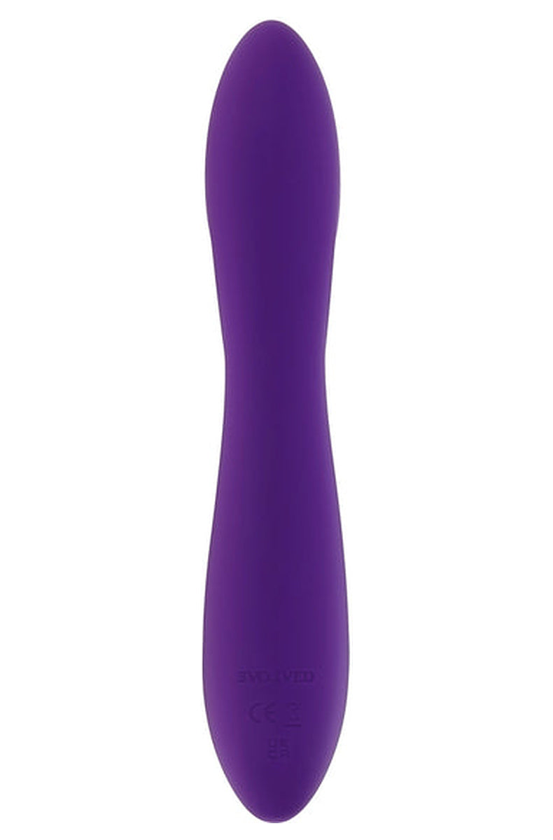 Back of the purple Wavy Rabbit vibrator, smooth silicone with the Evolved logo near the base.