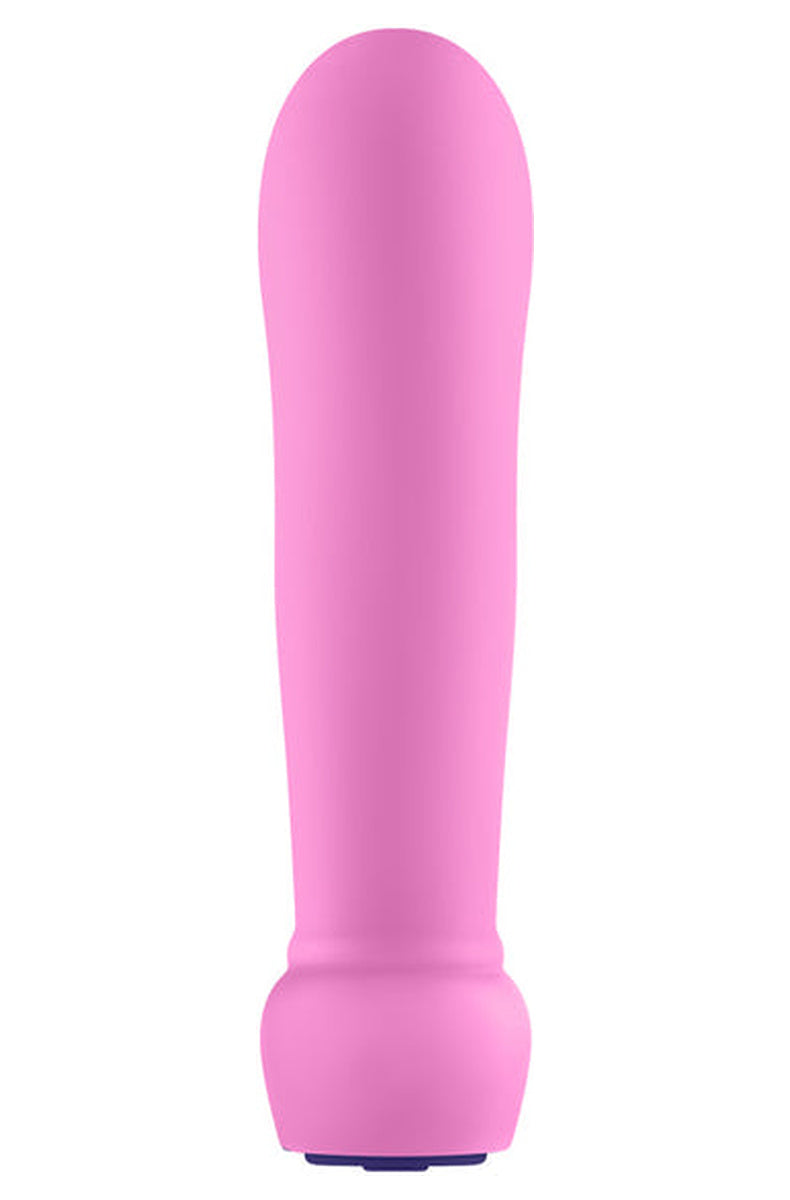 Back of the pink FemmeFunn Sormi bullet vibrator, smooth SoftFeel silicone body.