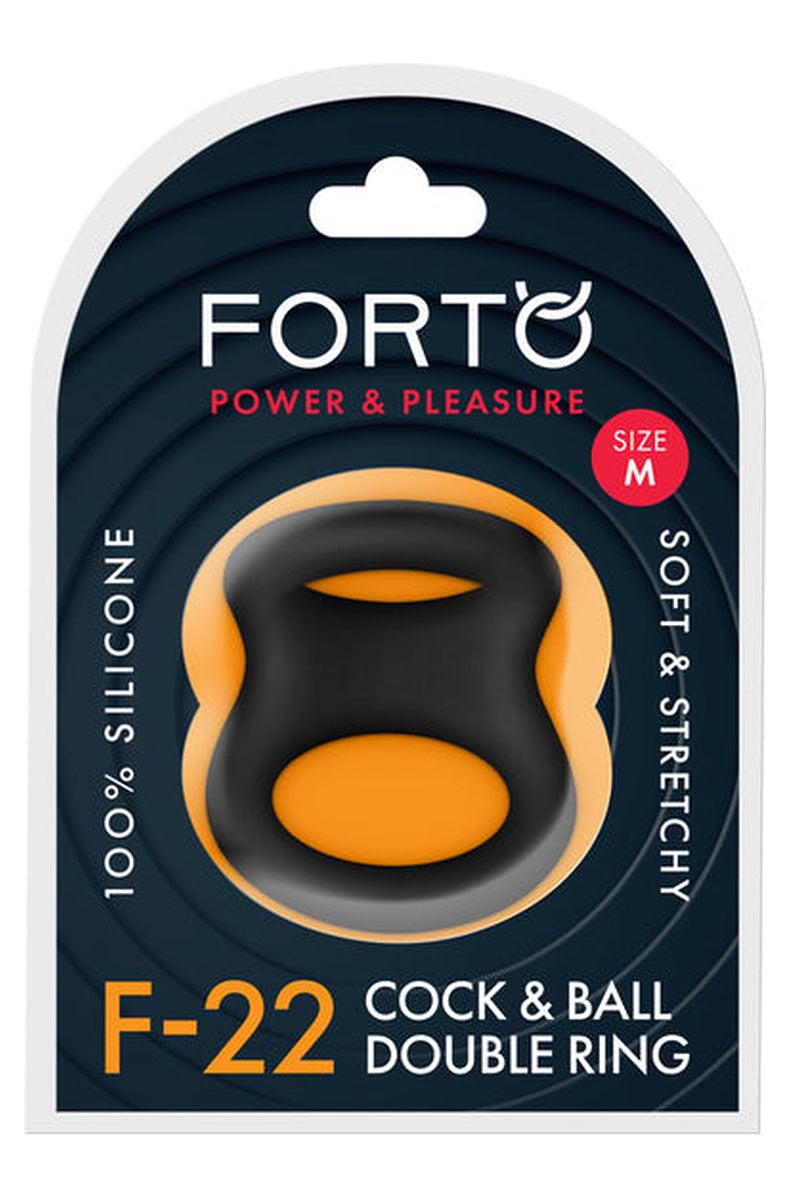 Forto F-22 cock and ball double ring in its size medium package, marked 100 percent silicone and soft and stretchy