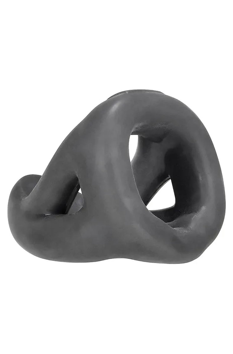 Hunkyjunk Slingshot cock sling in stone grey from the side, showing the teardrop base and side cutouts