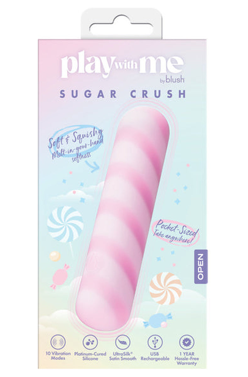 Play With Me Sugar Crush retail box, pink candy stripe bullet vibrator by Blush.
