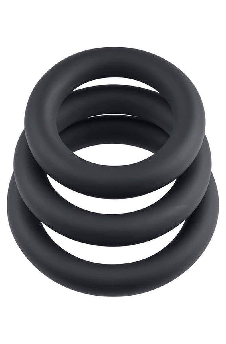 The three 3 Ring Circus cock rings stacked one on top of another, viewed from above