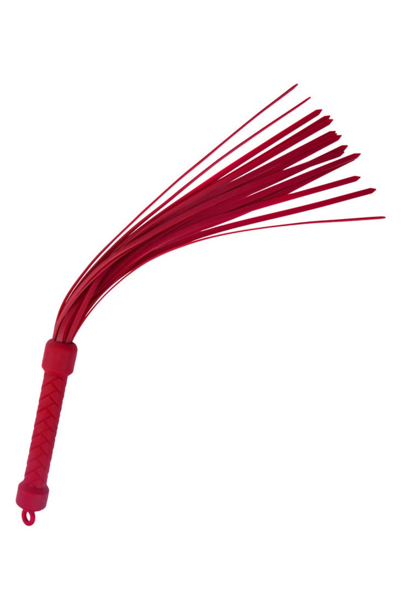 The red silicone falls fanned out, showing the flat strand shape