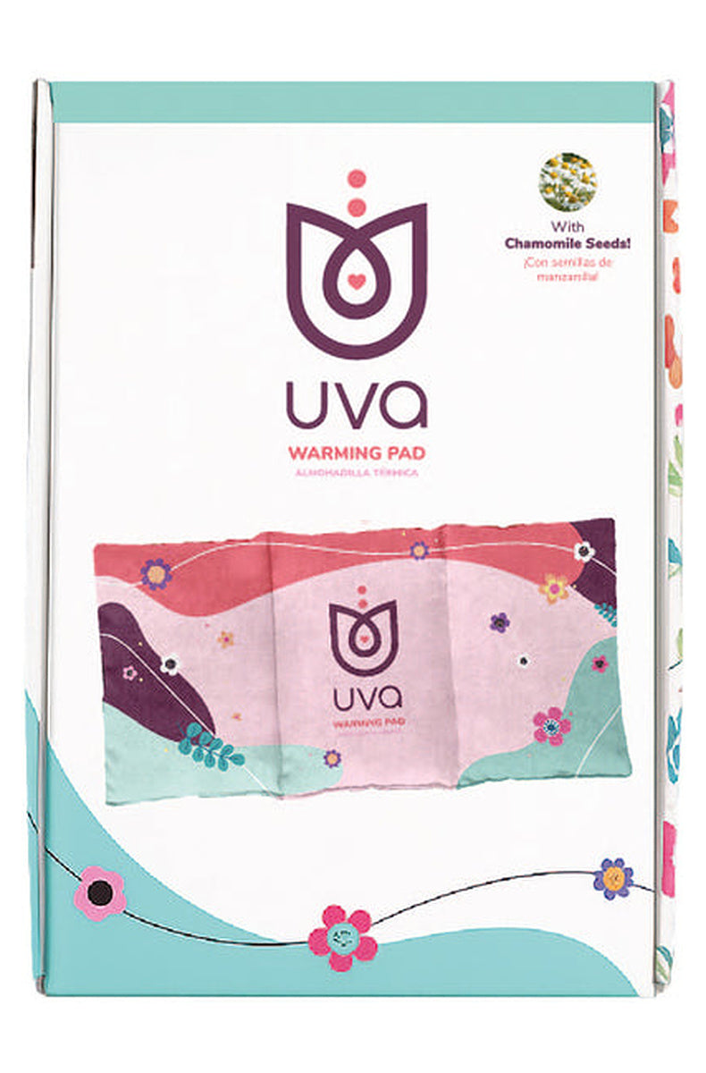 UVA Warming Pad retail box, marked with chamomile seeds.