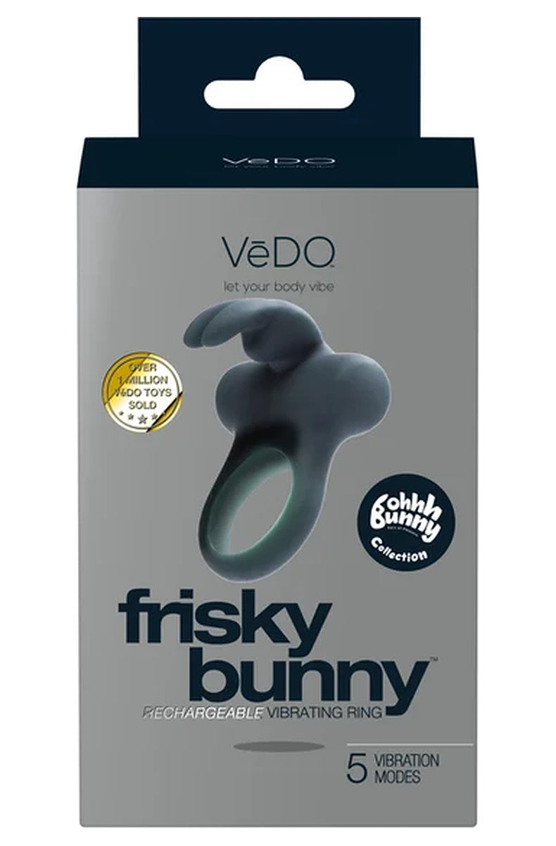 Vedo Frisky Bunny package front, marked rechargeable vibrating ring with 5 vibration modes