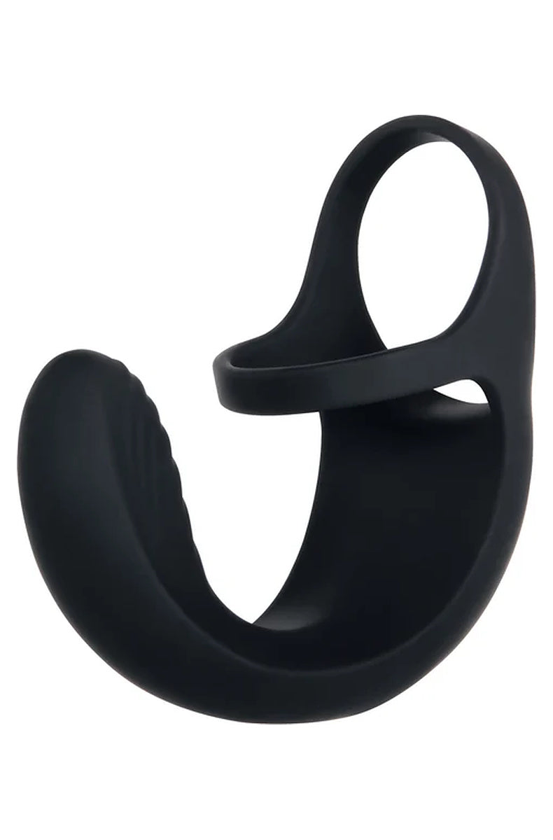 Ball Cradle cock ring from an angle, showing the curve that carries the motor behind the balls