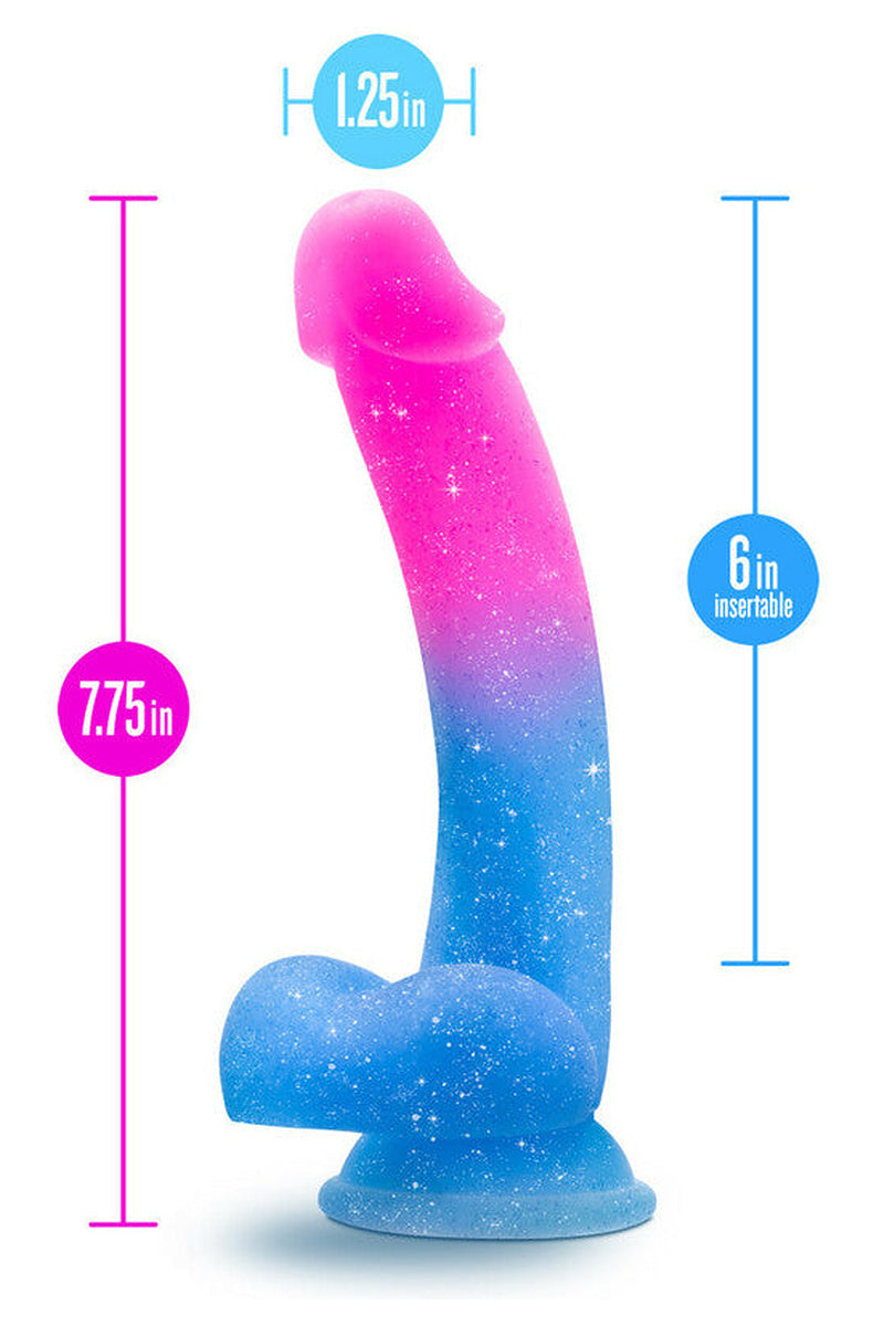 Pink to blue glitter dildo size: 7.75 in total, 6 in insertable, 1.25 in wide