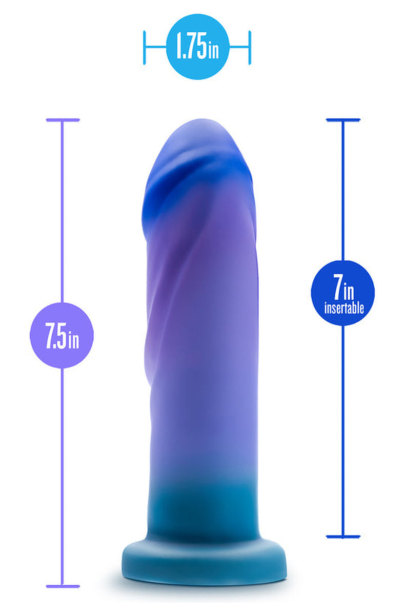 Blue to teal dildo size: 7.5 in total, 7 in insertable, 1.75 in wide