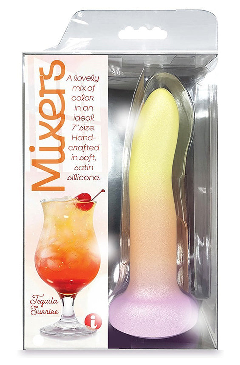 Yellow, orange and pink ombre silicone dildo in its clear window box