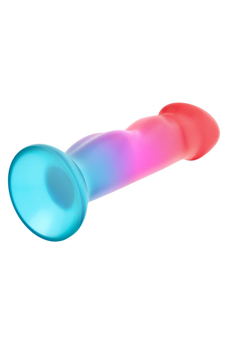 Aqua suction cup base of the coral and pink ombre dildo