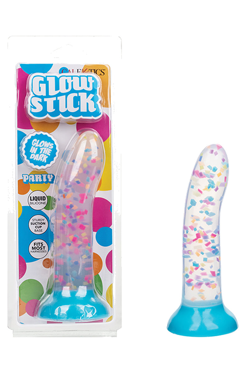 Rainbow confetti glow in the dark dildo next to its retail box
