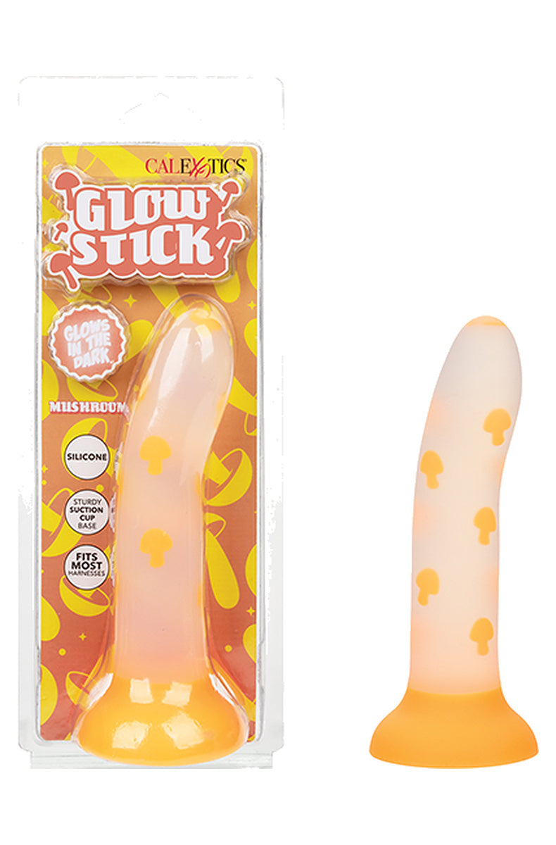 Orange mushroom glow in the dark dildo next to its retail box