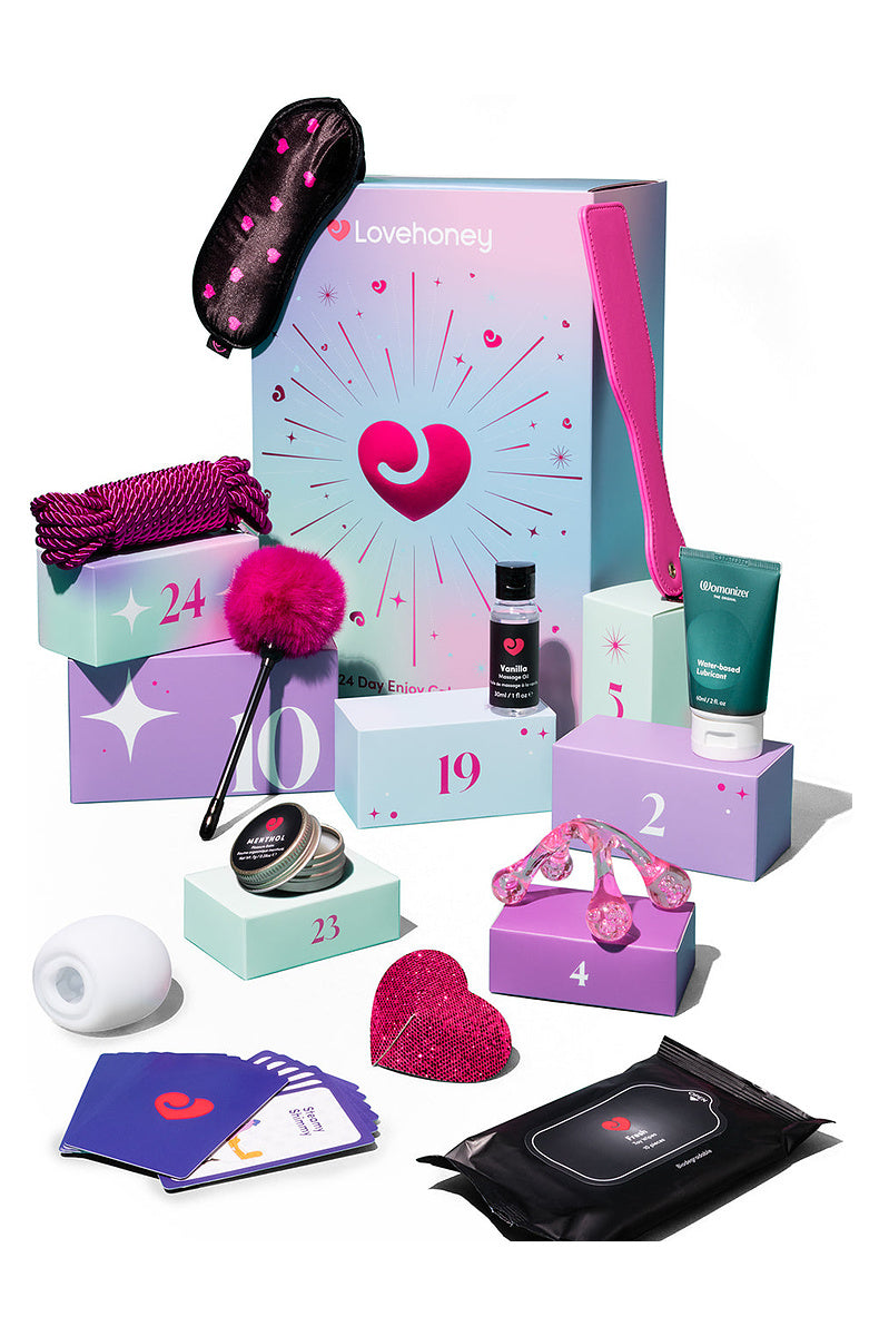 24 day advent calendar with blindfold, paddle, rope, tickler, massage oil, lube, card game and nipple pasties