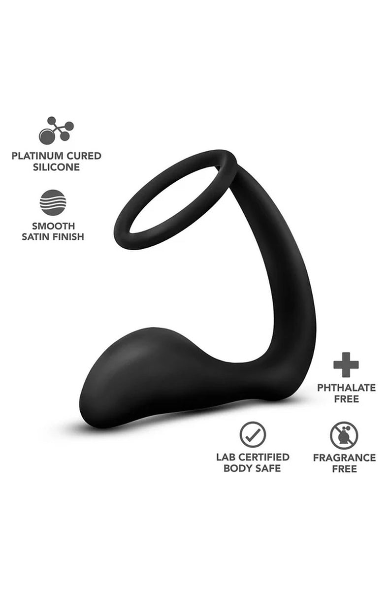 Feature icons for the Anal Adventures Platinum cock ring plug: platinum cured silicone, smooth satin finish, lab certified body safe, phthalate free, fragrance free