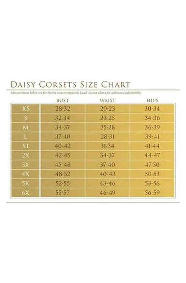 Corset size chart, waist: XS 20 to 23 in through 6X 46 to 49 in, measured fully laced