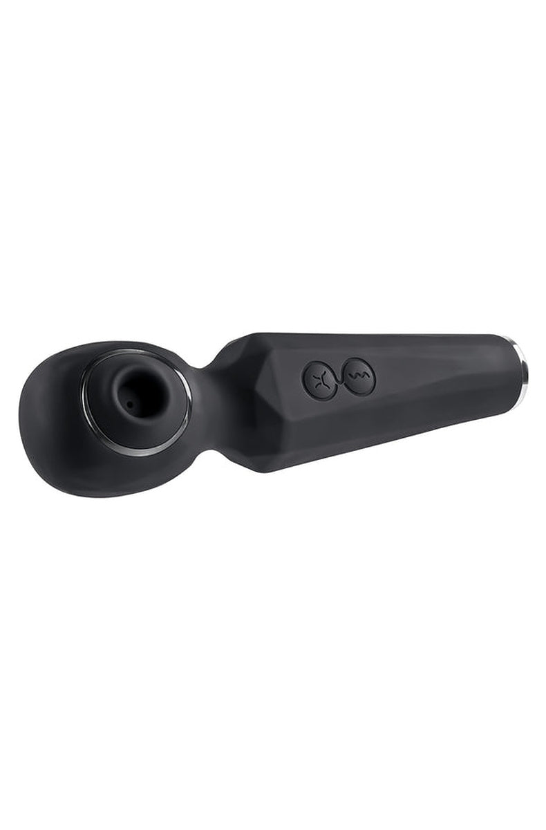 Black Rainbow Sucker wand vibrator lying flat, with the suction orifice on the face of the wand head.