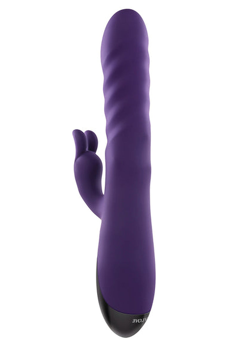 Back of the purple Rascally Rabbit vibrator showing the ribbed shaft and the black chrome finished base.