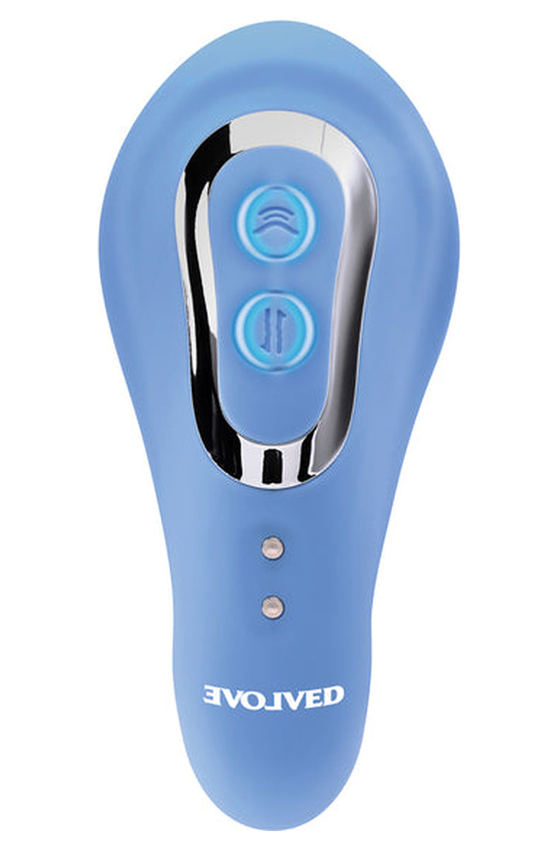 Control panel of the blue Tap and Thrust vibrator, two chrome trimmed buttons and two magnetic charging contacts.