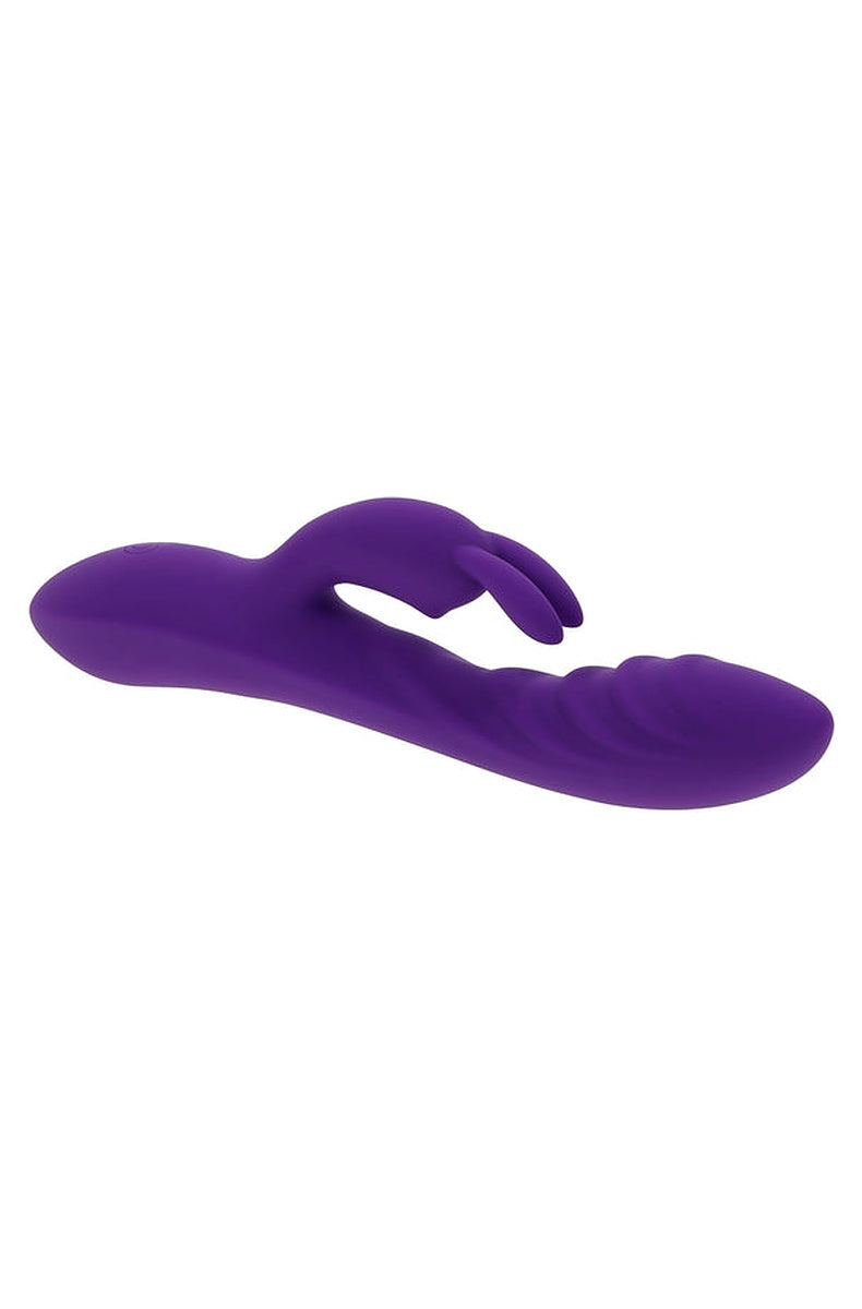Purple Wavy Rabbit dual stimulator lying flat, showing its full 8.12 inch length and the flexible rabbit arm.