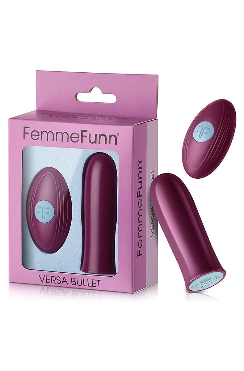 FemmeFunn Versa Bullet dark fuchsia retail box, showing the bullet and the wireless remote in the window.