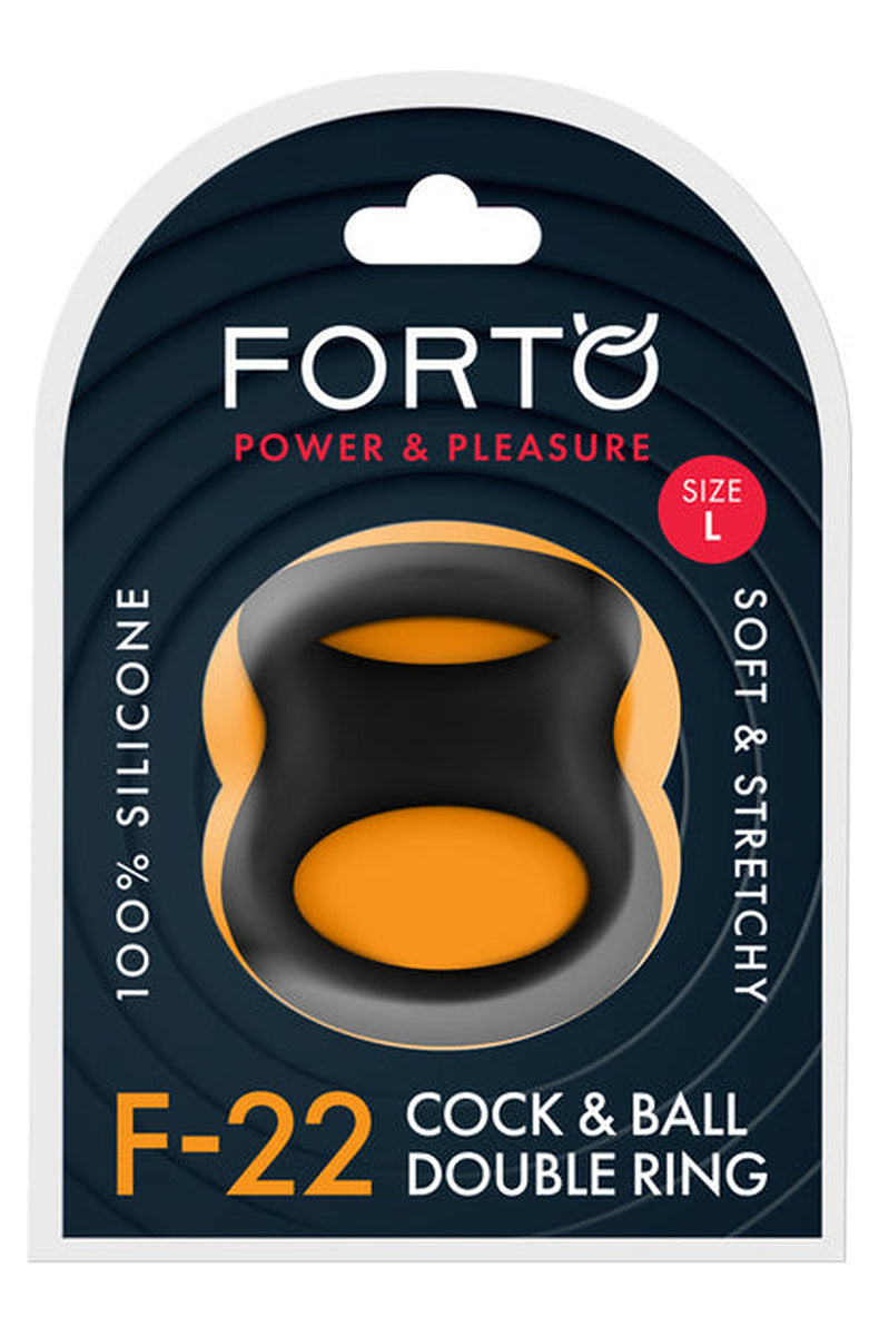 Forto F-22 cock and ball double ring in its size large package, marked 100 percent silicone and soft and stretchy