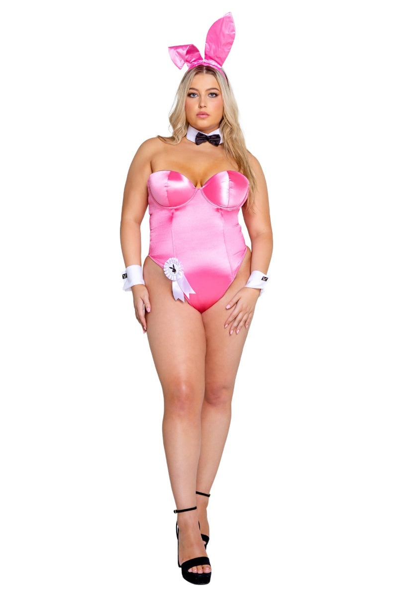 Plus size model in pink Playboy bunny costume with satin corset bodysuit, bunny ears, collar, cuffs and rosette