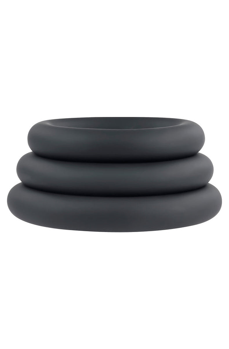 The three 3 Ring Circus rings stacked and viewed from the side, widest at the bottom