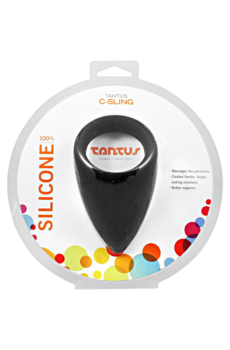 Tantus C-Sling in its round retail package marked 100 percent ultra premium silicone