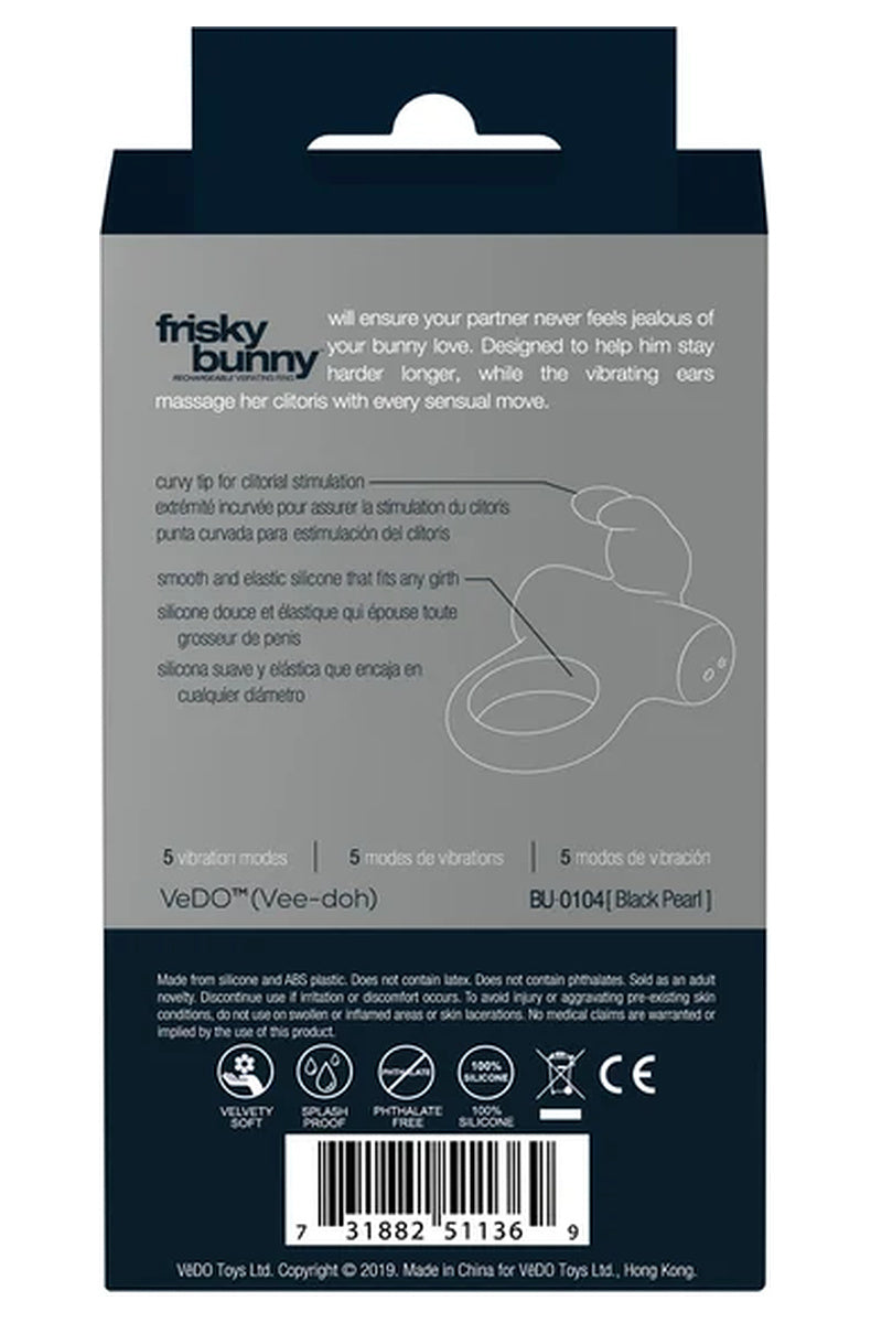 Back of the Vedo Frisky Bunny package, labeling the curvy clitoral tip and the elastic silicone that fits any girth, with splashproof and phthalate free icons