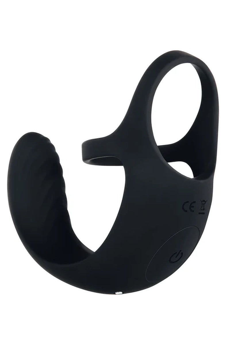 Ball Cradle cock ring showing the power button on the silicone body