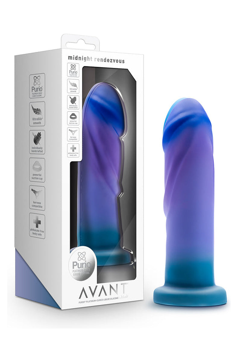 Blue, purple and teal ombre dildo next to its retail box
