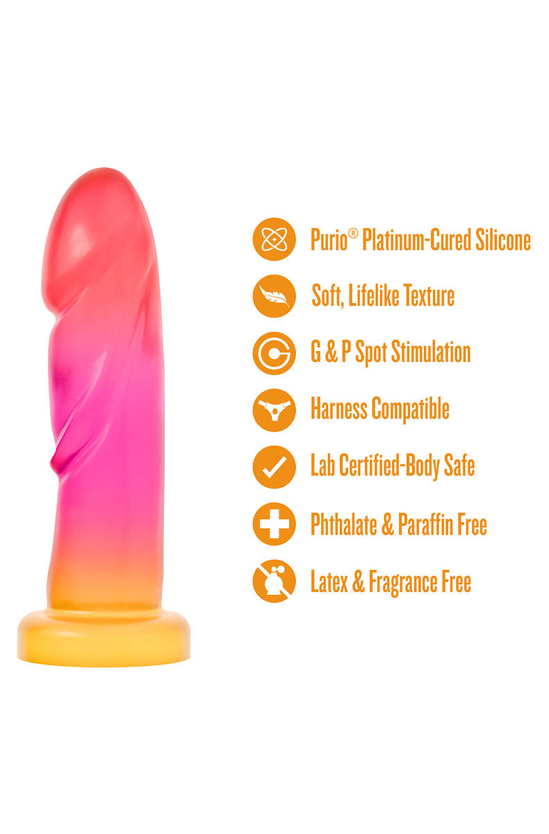 Pink and gold dildo features: platinum-cured silicone, lifelike texture, G and P spot, harness compatible, body safe