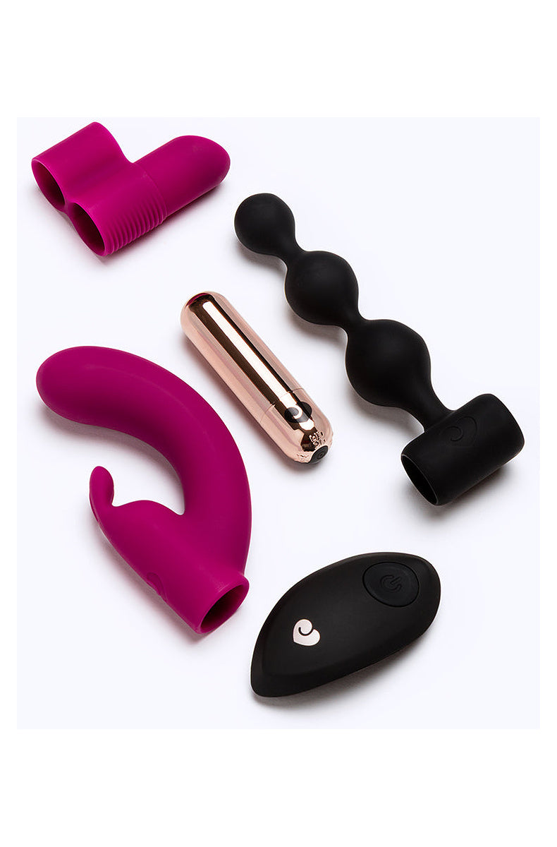 Rose gold bullet with remote and its rabbit, finger and anal bead sleeves