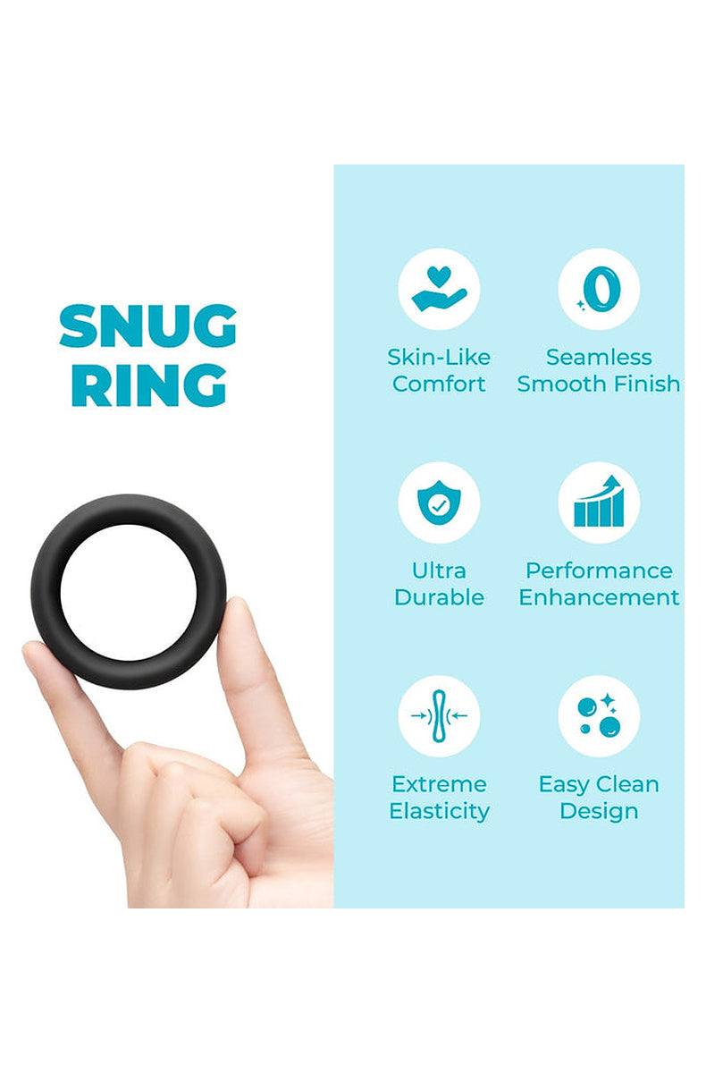 b-Vibe Snug Ring feature card: skin like comfort, seamless smooth finish, ultra durable, performance enhancement, extreme elasticity, easy clean design