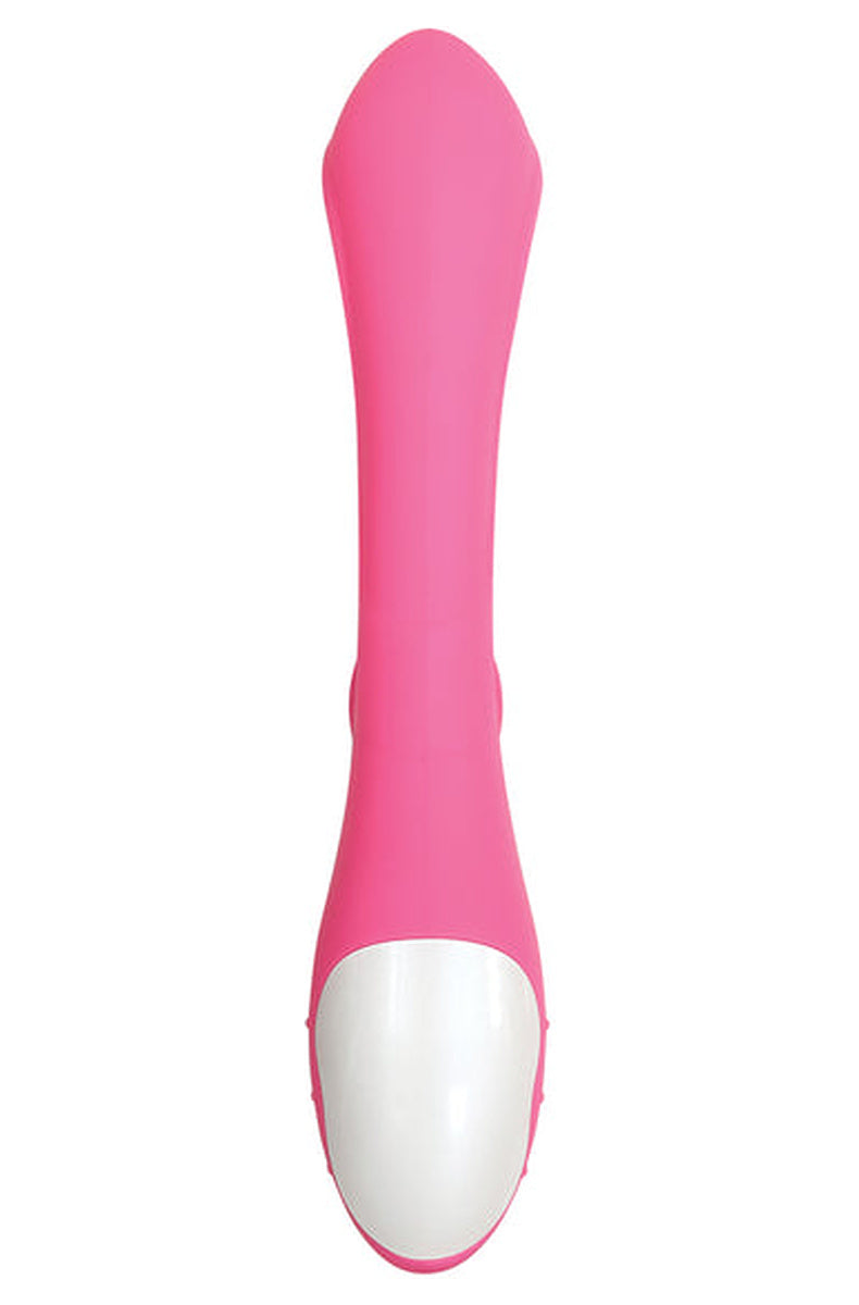 Back view of the pink Bunny Kisses rabbit vibrator showing the smooth shaft and pearl white base panel.