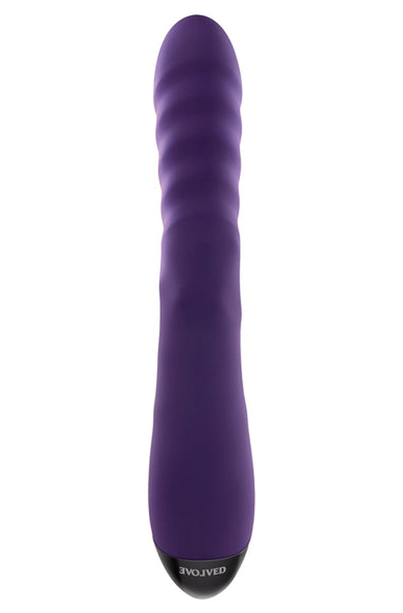 Back view of the purple Rascally Rabbit vibrator, smooth reverse side of the shaft and black base cap.