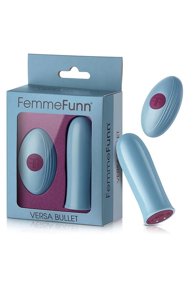 FemmeFunn Versa Bullet light blue retail box, showing the bullet and the wireless remote in the window.