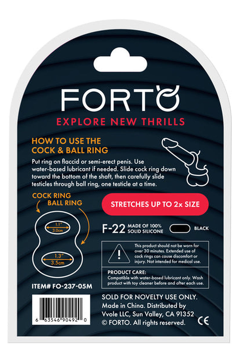 Back of the Forto F-22 package with a diagram labeling the cock ring and ball ring openings, fitting instructions, and a warning not to wear it over 30 minutes