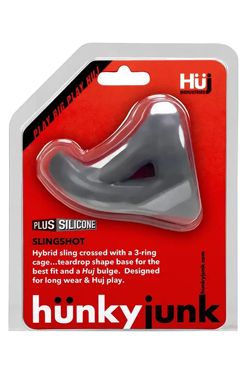 Hunkyjunk Slingshot in stone grey sealed in its red hunkyjunk blister package