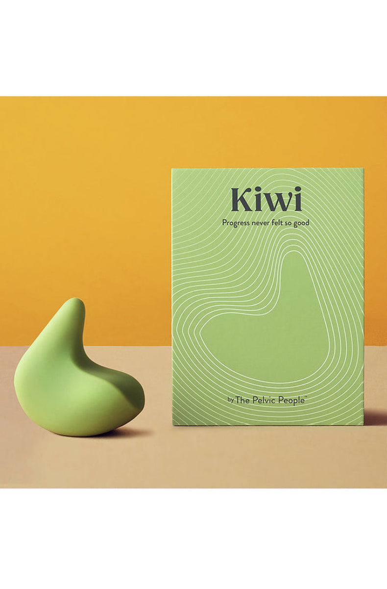 Kiwi massager and its box styled against an orange and cream background.