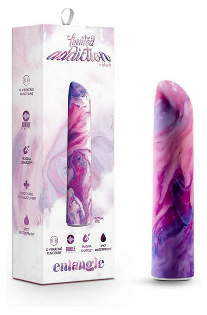 Limited Addiction Entangle retail box shown beside the marbled pink and purple bullet.