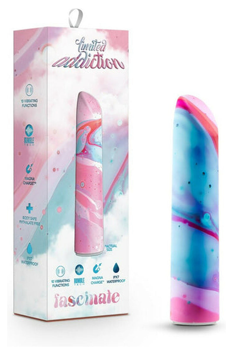 Limited Addiction Fascinate retail box shown beside the marbled pink and turquoise bullet.